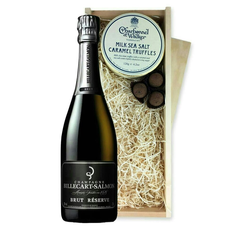 image 1 of Billecart Salmon Le Reserve Champagne And Milk Sea Salt Charbonnel Chocolates Box 75cl 12% abv