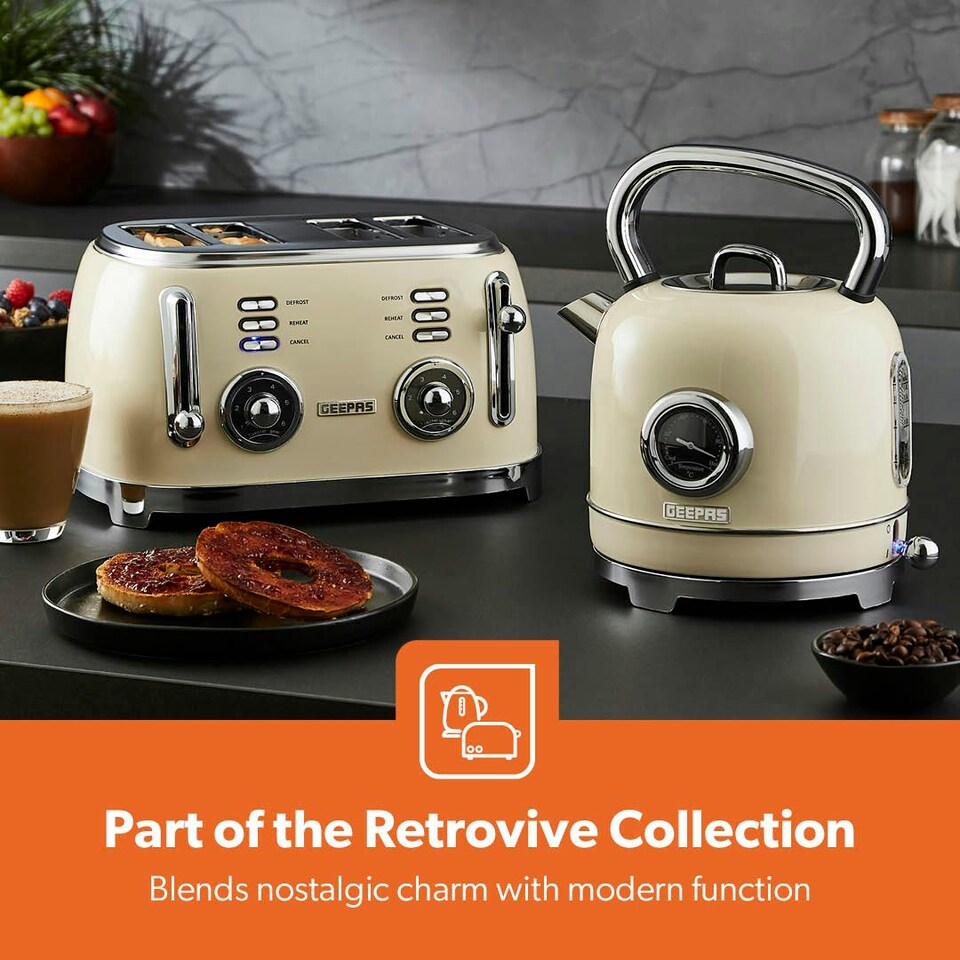 image 1 of GEEPAS Electric Kettle | Vintage Cordless Stainless Steel 1.8L, 3000W Retrovive Cream