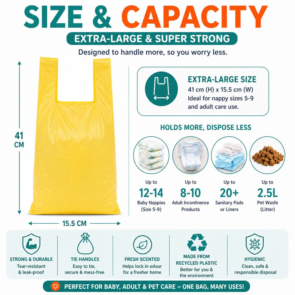 image 1 of HERO Large Scented Nappy Sacks – Pack of 40 | Adult Nappy Disposal Bags | Large Dog Waste Bags | Incontinence Waste Bags with Tie Handles | Fresh Scent, Hygienic
