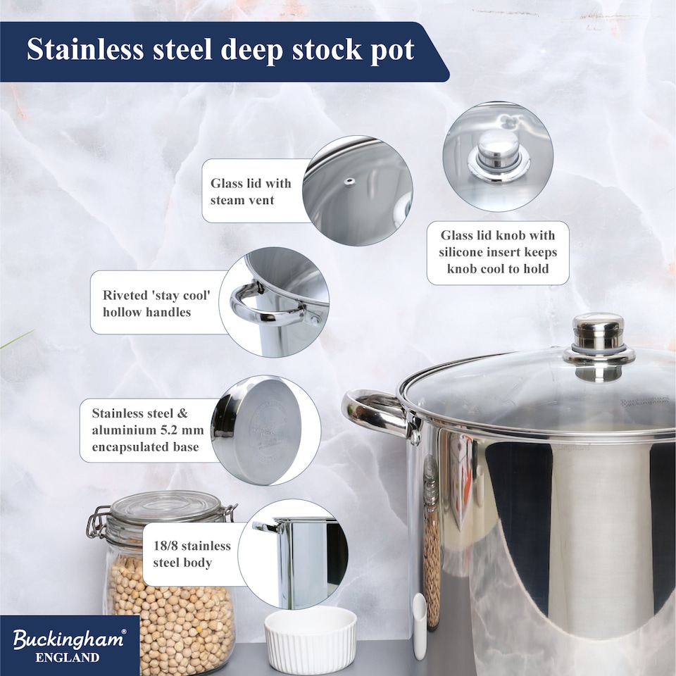 image 1 of Buckingham Deep Stock Pot Stainless Steel with Glass Lid 30 cm , 16.5 Litre