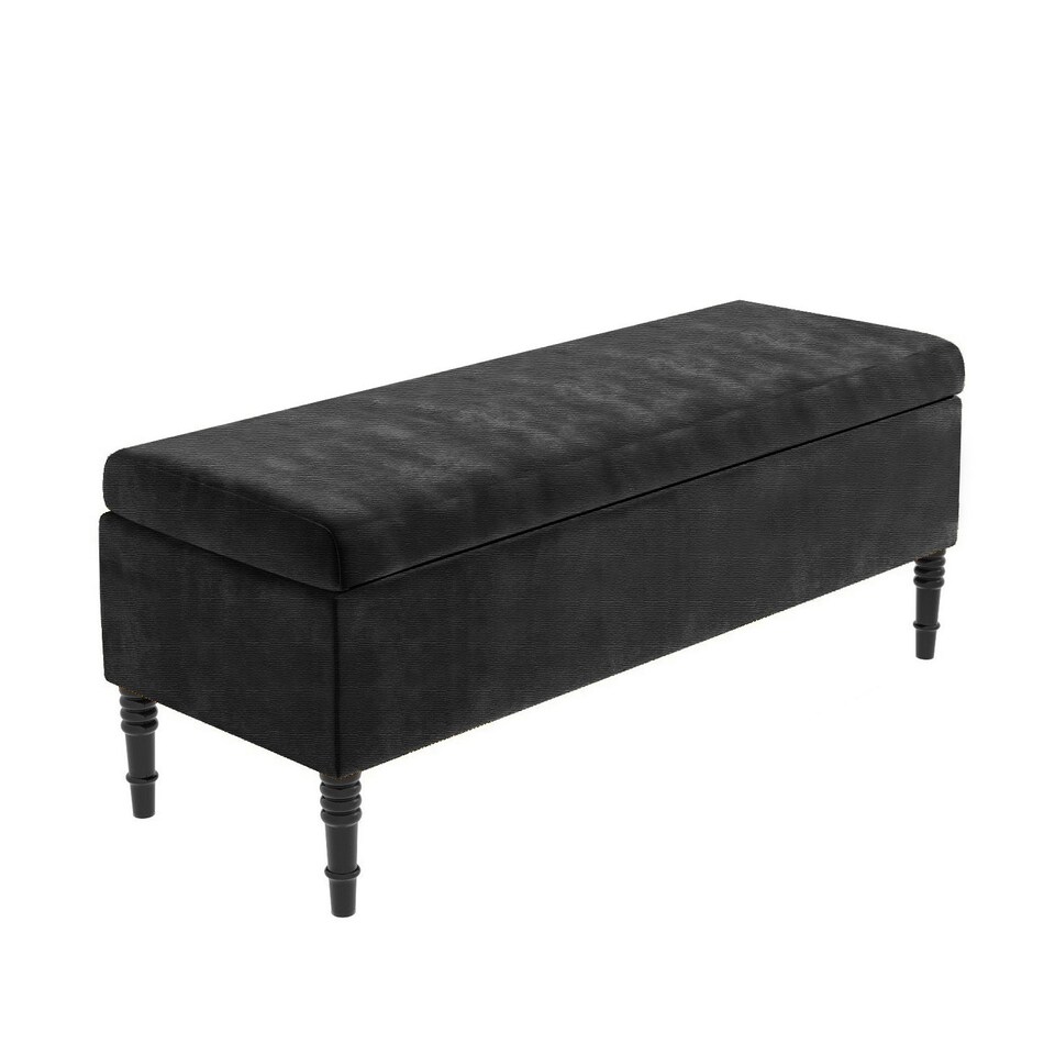 image 1 of 150cm Paris Plain Ottoman Storage Bench -Naples Shoes Bench with Black Turned Wooden Legs - Black Upholstery Storage Footstool