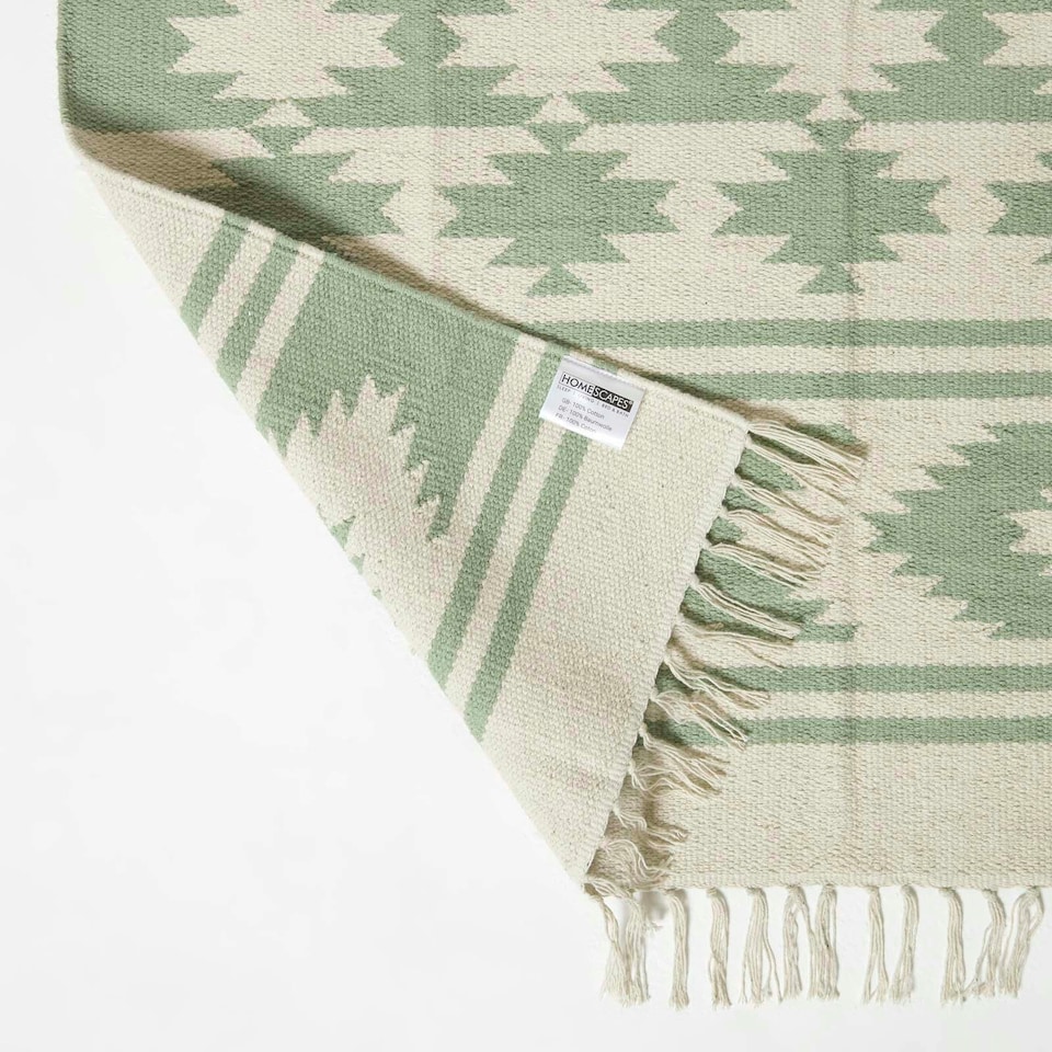 image 1 of Homescapes Turin Green and Natural Kilim Cotton Hallway Runner Rug - 66 x 200 cm