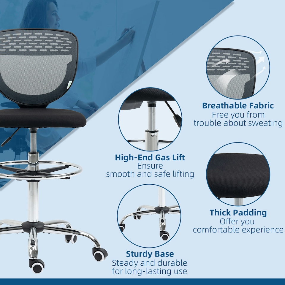 image 1 of Vinsetto Draughtsman Chair, Tall Office Chair with Lumbar Support, Grey