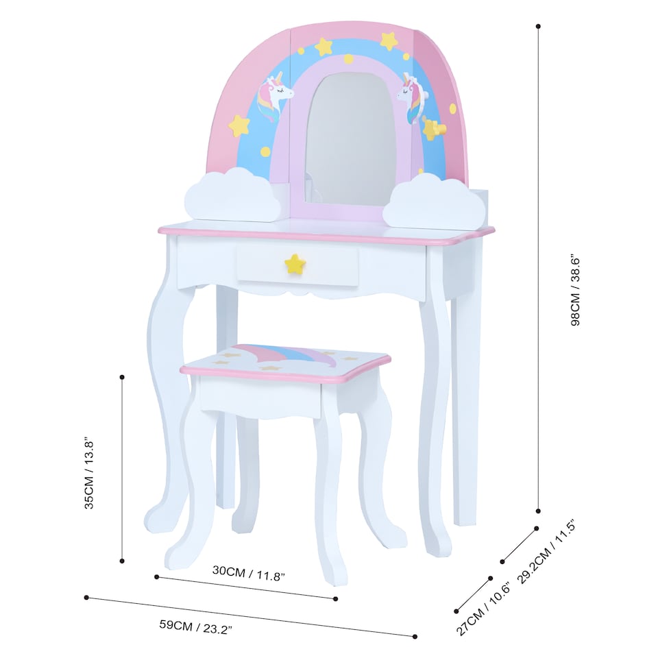 image 1 of Teamson Kids Play Vanity with Mirror, Pegs & Stool, Rainbow Unicorn