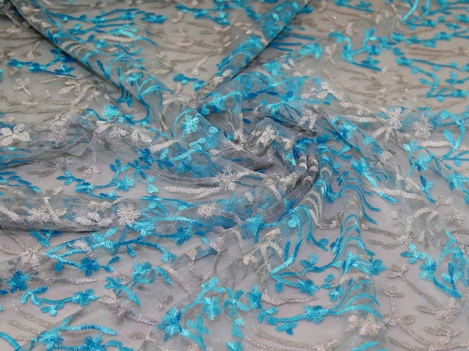 Turquoise Embroidered Lace Tulle Fabric for Bridal, Dressmaking, 142.5cm / 56" Wide - per metre