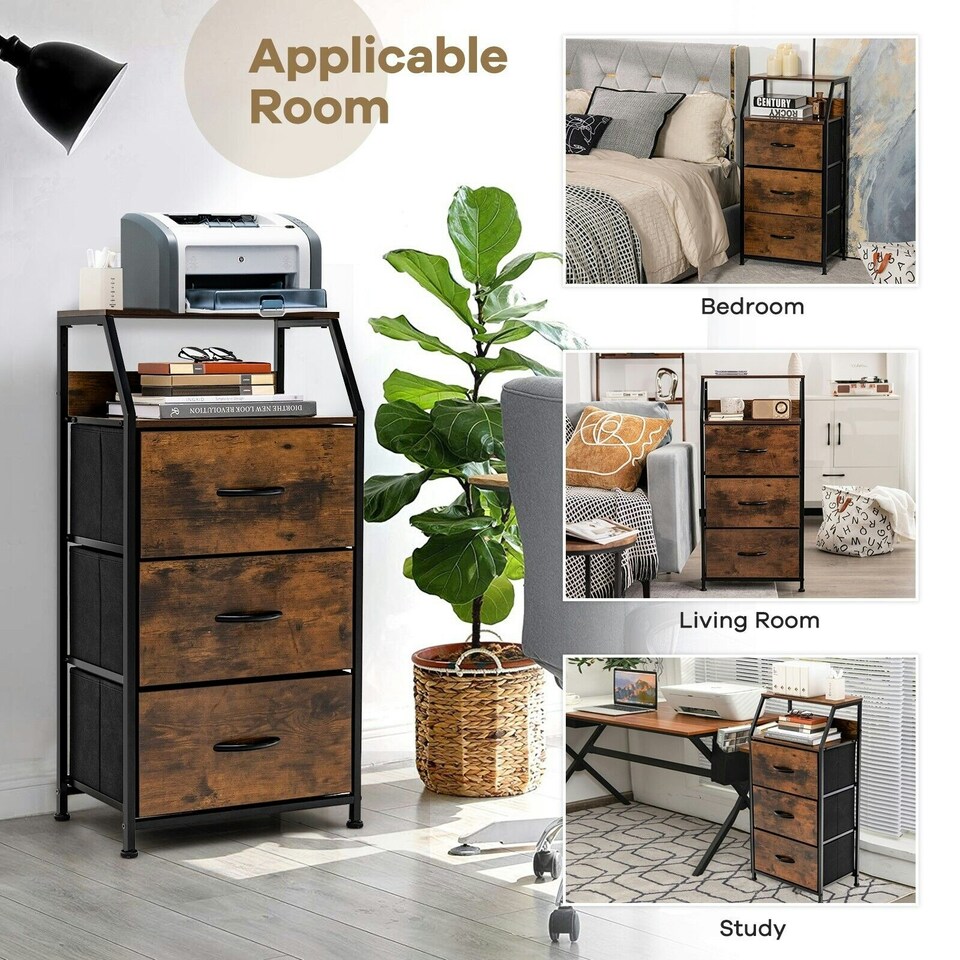 image 1 of COSTWAY 3-Drawer Storage Dresser Organizer W/ Fabric Drawers Brown