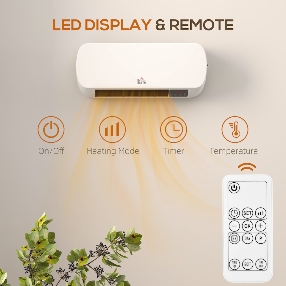 image 1 of HOMCOM Electric Heater, 2000W Wall Mounted Ceramic Space Heater with Remote Control, 3 Modes, Timer, Overheat Protection for Home, White