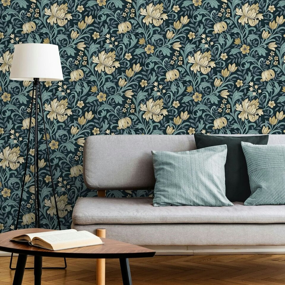 image 1 of Grandeco Marian Floral Wallpaper - Navy/Cream - One Size Blue