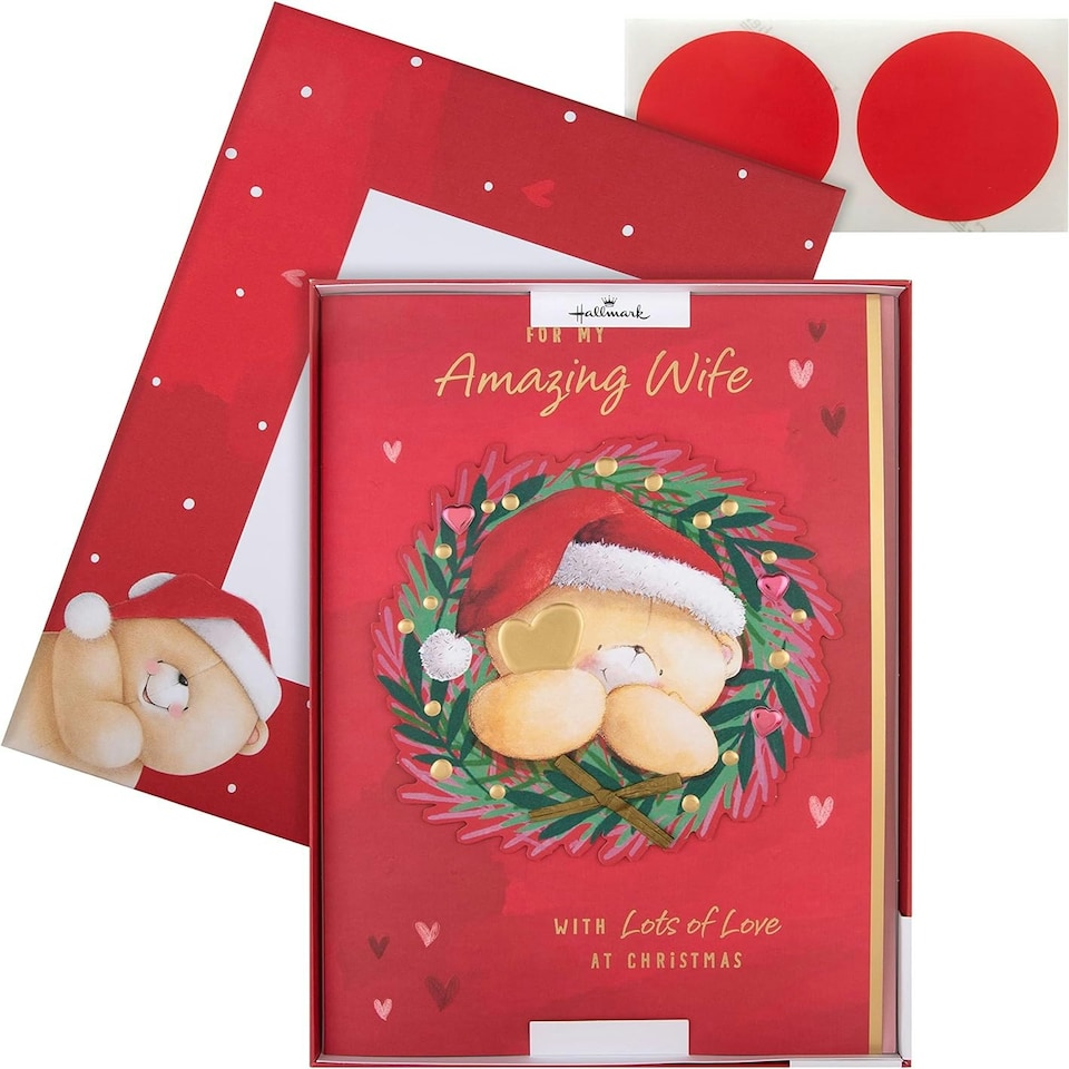 image 1 of Cute Forever Friends Bear in Wreath Design Boxed Christmas Card for Wife