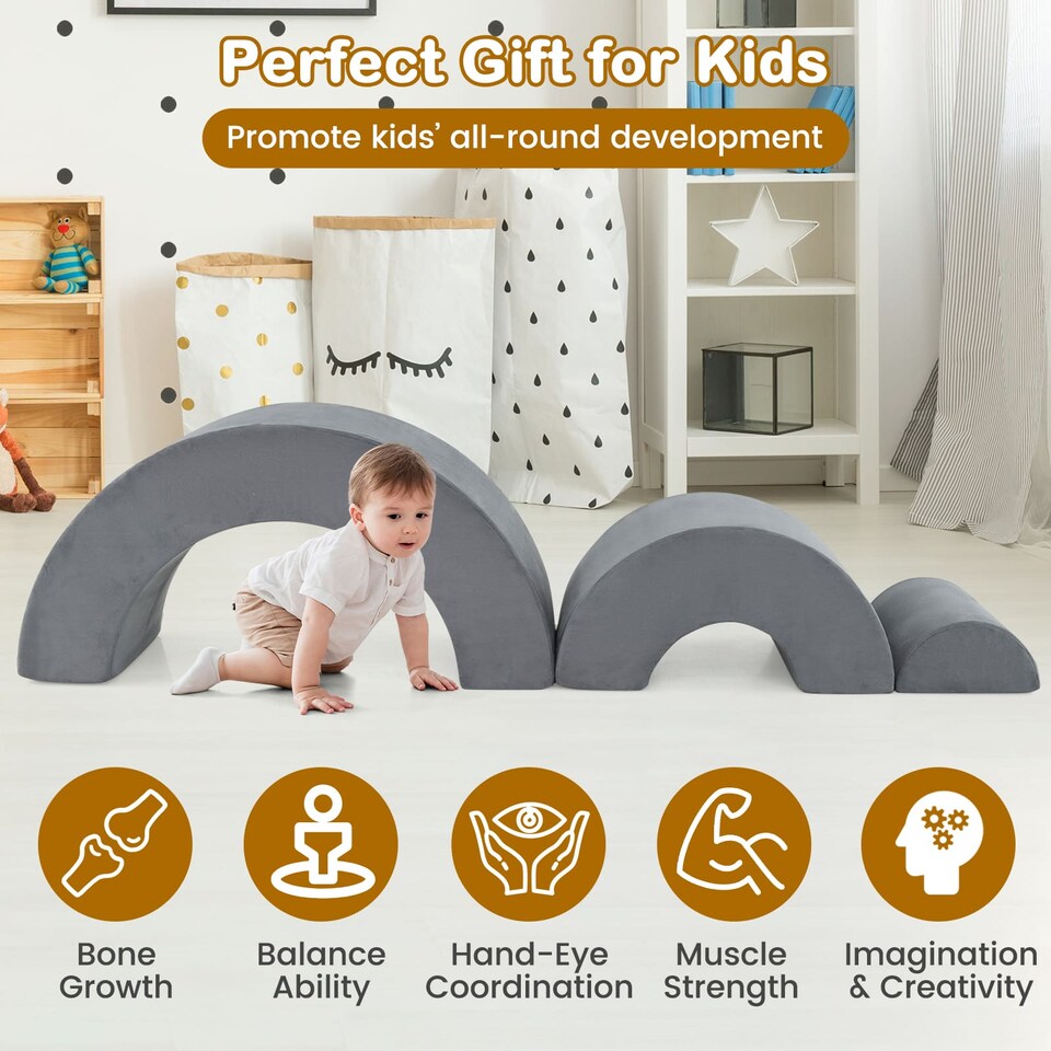 image 1 of COSTWAY 3 Piece Toddlers Climbing Toy Indoor Soft Play Equipment Playset-Grey