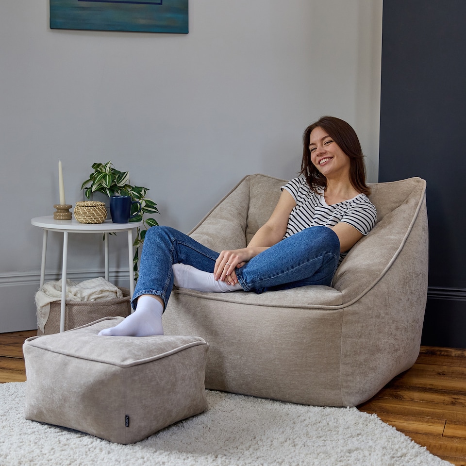 image 1 of Natalia Chenille Adults Bean Bag Armchair and Pouffe, Ready Filled Large Beanbag and Footstool Natural Beige | Cream | Beige | 2