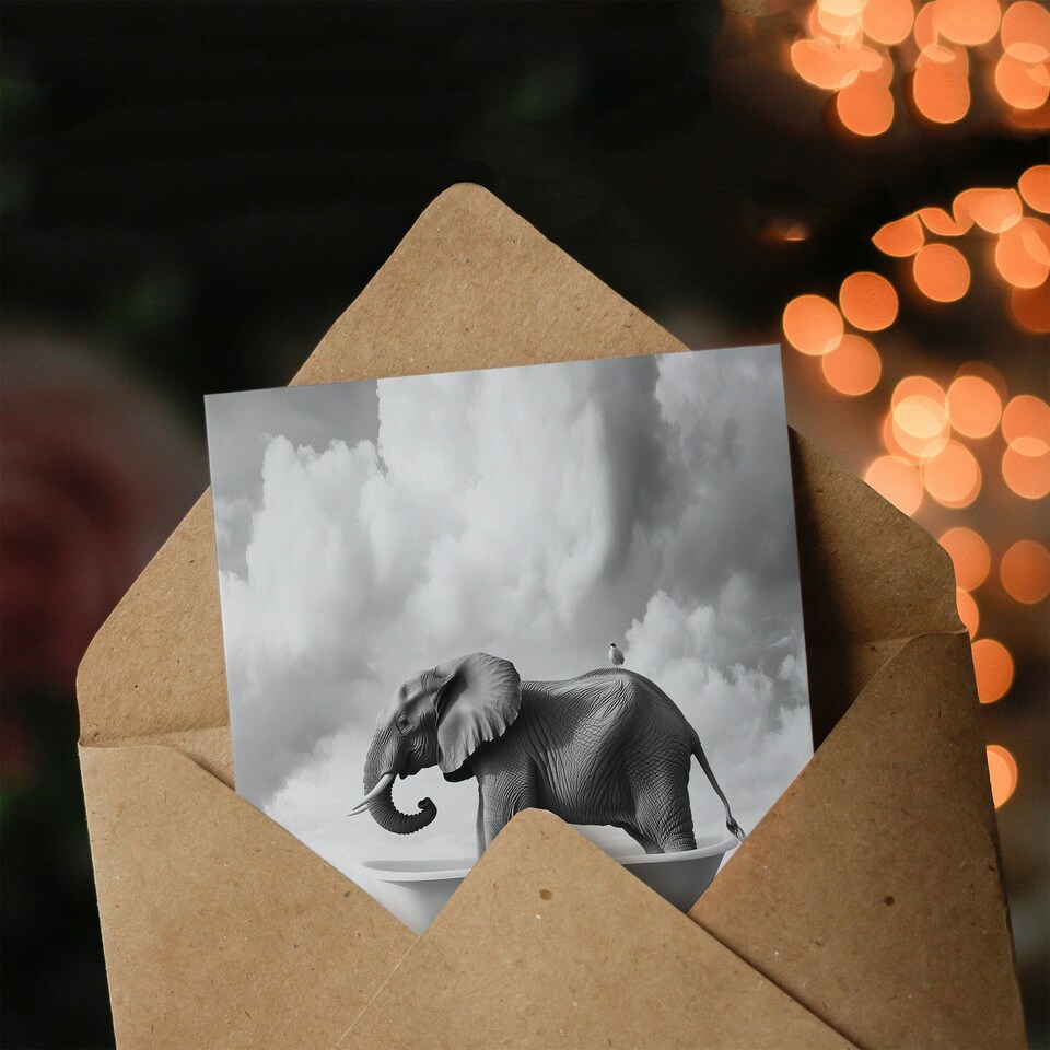 image 1 of Elephant in Bathtub on a Hill Black White Surreal Birthday Greeting Card