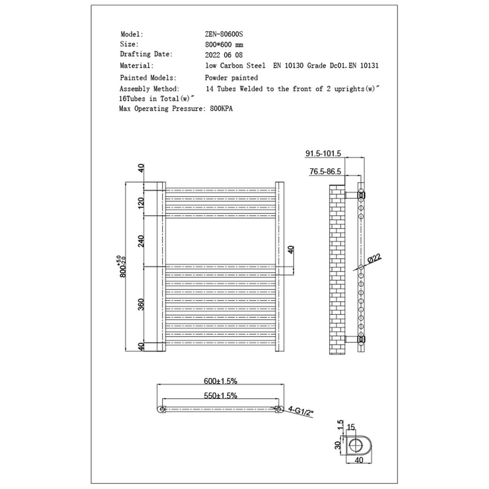 image 1 of Zennor - Chrome Electric Towel Rail H800mm x W600mm Straight 200w Thermostatic