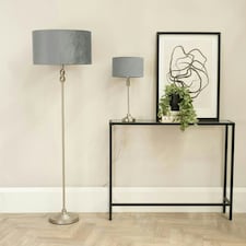 ValueLights Maggie Brushed Chrome Candlestick Slim Table Lamp with Grey Velvet Drum Lamp Shade and LED Bulb Grey