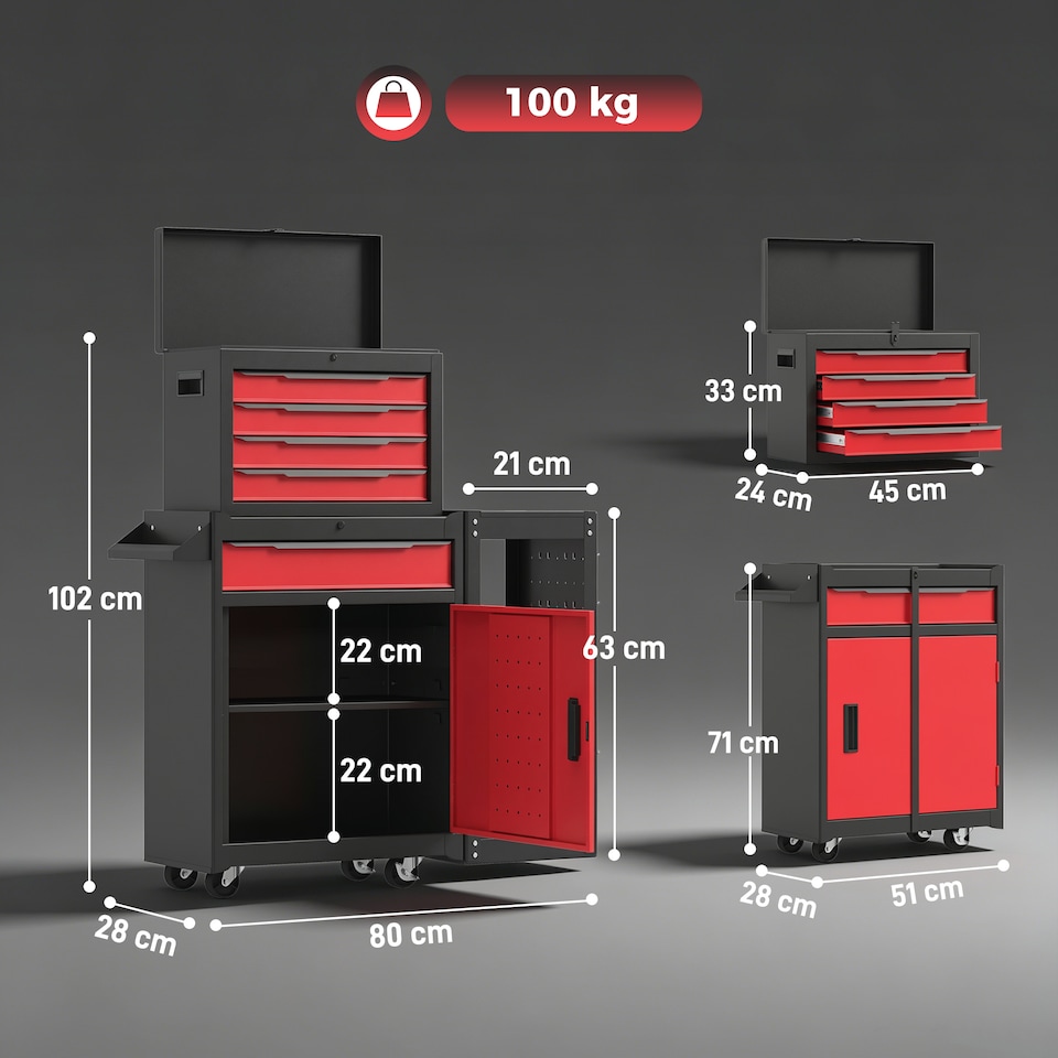 image 1 of HOMCOM Modular Tool Chest, Tool Trolley with Side Rack, Pegboard for Garage