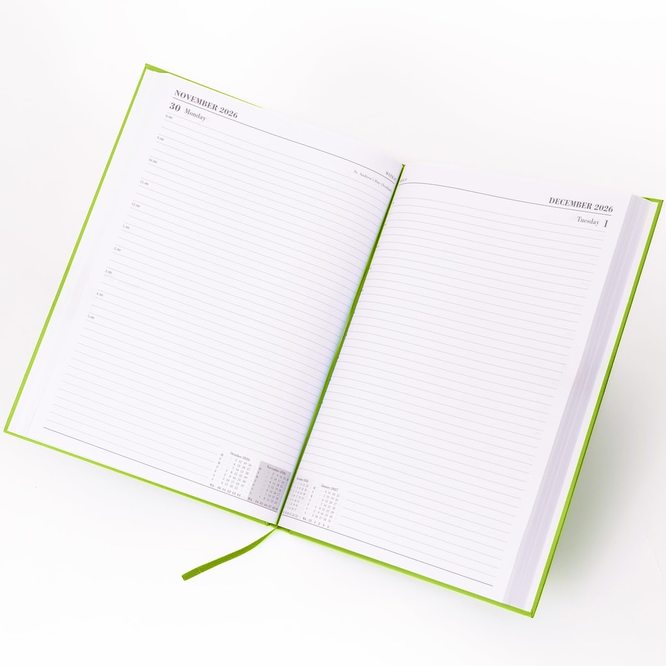 image 1 of 2026 2027 Academic Diary A4 Page a Day - Mid Year Hardback Planner From August 2026 to July 2027 - Student Teacher School Organiser with Ribbon Bookmark (A4, Lime)
