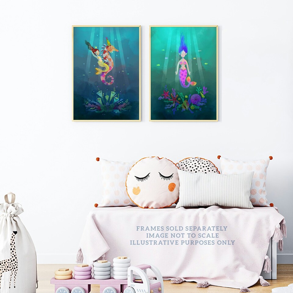 image 1 of Set of 2 Girl Kids Bedroom Fairytale Cartoon Mermaid Sea Princess Wall Art Print A4