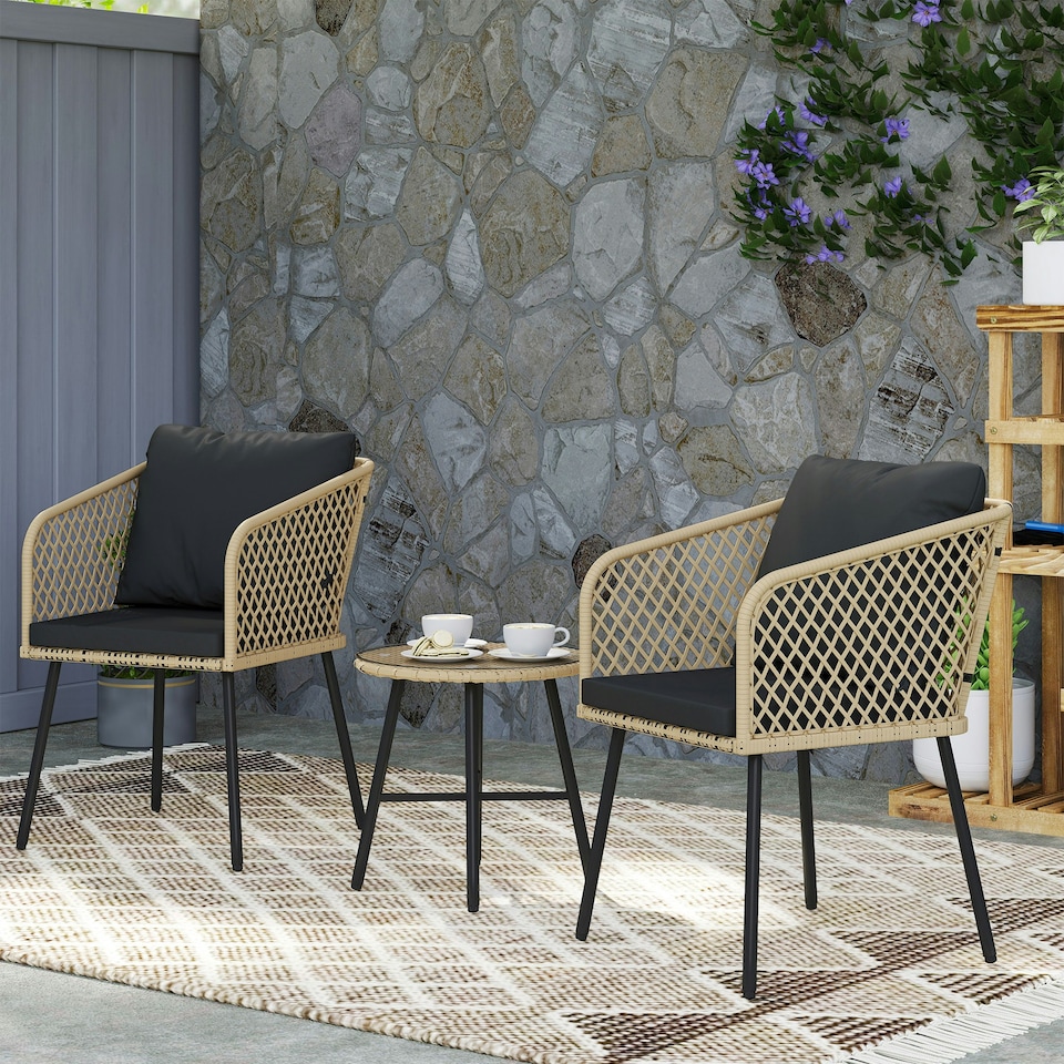 image 1 of Outsunny 3 Piece Rattan Bistro Set with Cushions, Nature Wood Finish
