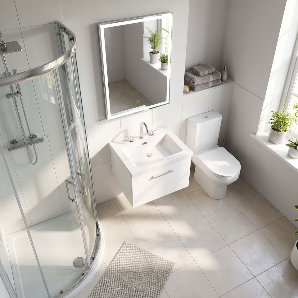 image 1 of Balterley Pershall Contemporary Wall Hung 1 Drawer Vanity Unit with 3 Tap Hole Fireclay Basin, 600mm, Matt White