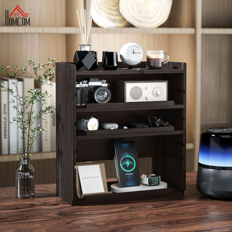 image 1 of HOMCOM 4-Tier Desk Organiser, Multifunctional Assembled Desktop Organiser with Adjustable Shelves and Cable Management for Stationery, Office Supplies, Paper, Dark Brown