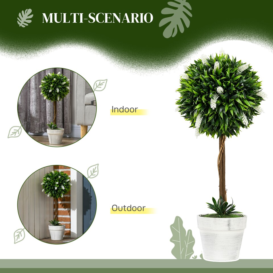 image 1 of HOMCOM Set of 2 Decorative Artificial Plants Ball Trees with Lavender Flowers in Pot Fake Plants for Home Indoor Outdoor Decor, 60cm, White