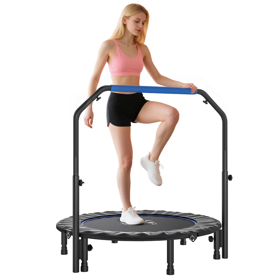 image 1 of HOMCOM 45" Foldable Mini Trampoline Fitness Trampoline Rebounder for Adults with Adjustable Foam Handle, for Indoors, Outdoors, Cardio Training, Blue | Blue