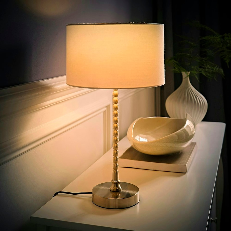 image 1 of ValueLights Maeve White Drum Lamp Shade Brushed Chrome Bobbin Bobble Table Lamp and LED Bulb Silver