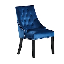 Single Velvet Dining Chair Ergonomic Scoop Knockerback & Button Tufted Wood Legs Blue