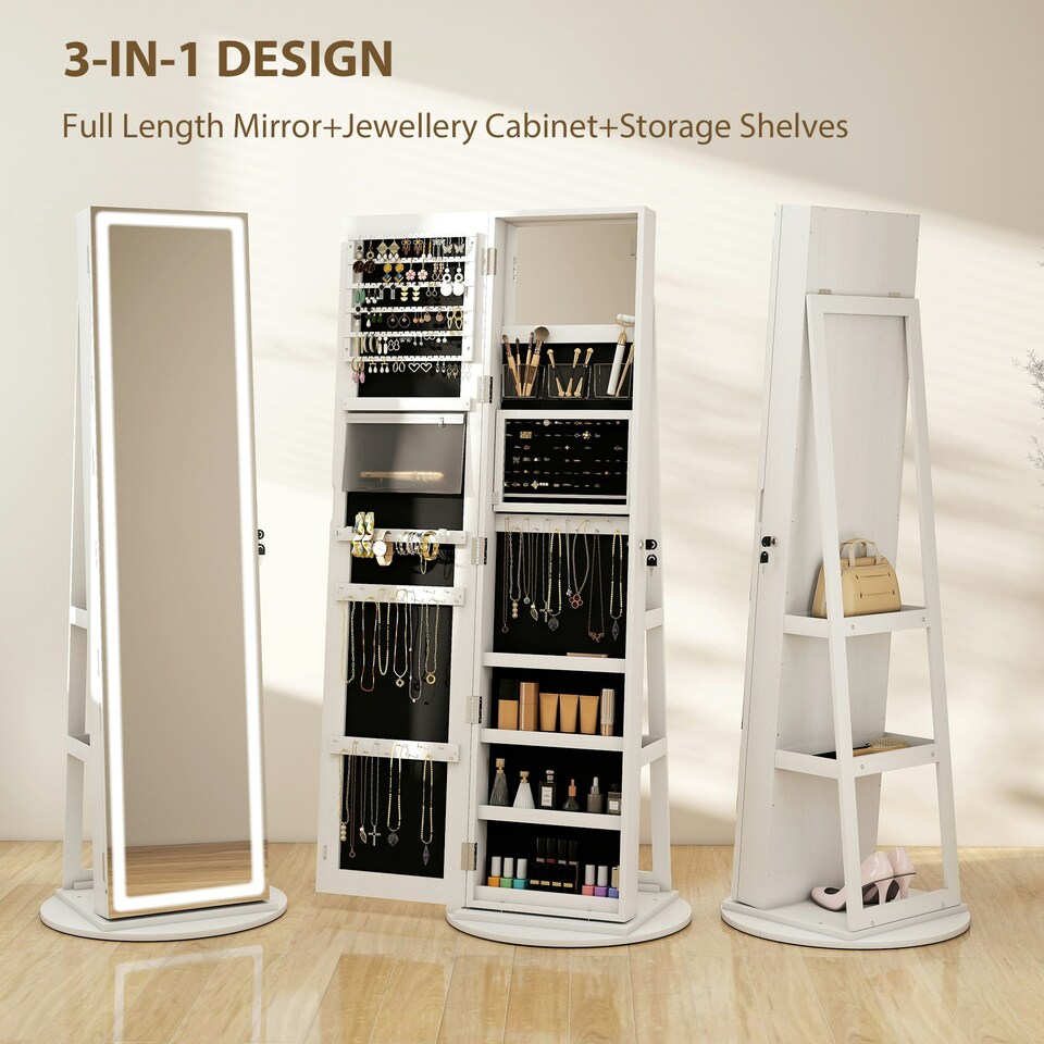 image 1 of HOMCOM 360° Swivel Jewellery Cabinet, Full Length Mirror with Storage, White White | Black interior lining