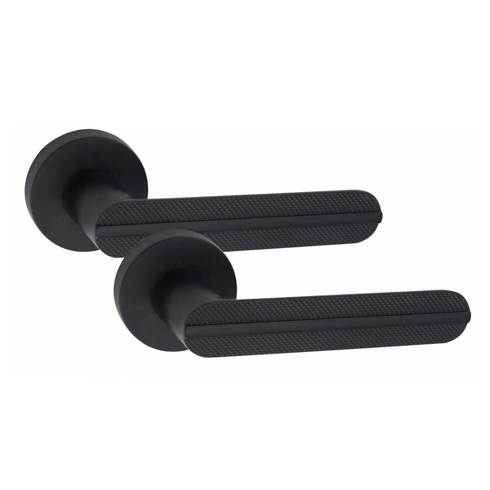 image 1 of Golden Grace 5 Pairs Modern Lima Design Premium Door Handles on Round Rose in Matt Black Finish 3" Ball Bearing Hinges and 2.5" Tubular Latch | Black | 5 Pairs