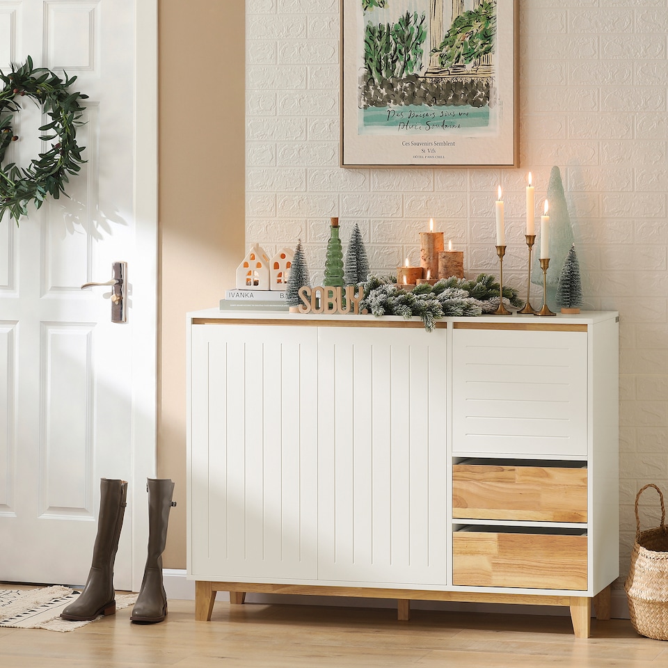 image 1 of SoBuy Low Sideboard with 2 Doors & 3 Drawers, White/Natural Wood, 47.2x15.7x35.4 inches, 27.1 kg - FSB75-WN