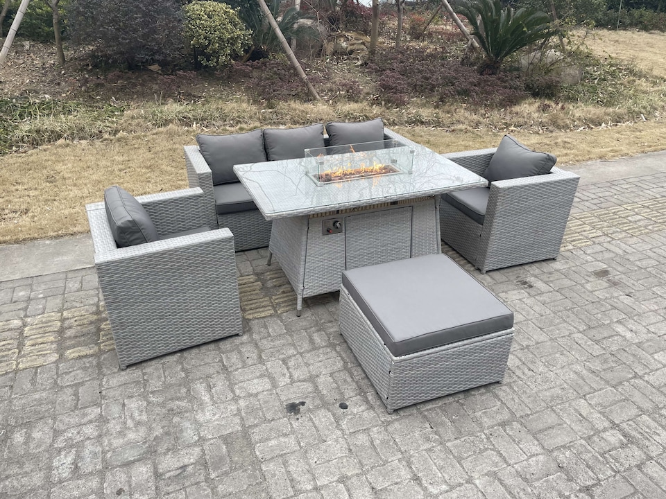 image 1 of Fimous Light Grey Rattan Fire Pit Garden Furniture Set Gas Heater Burner Chairs With Big Footstool