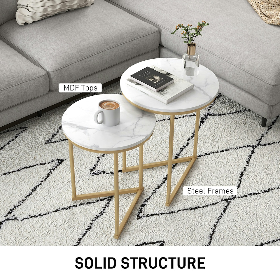image 1 of HOMCOM Nesting Coffee Table Set of 2 with Metal Frame, Gold Tone Gold