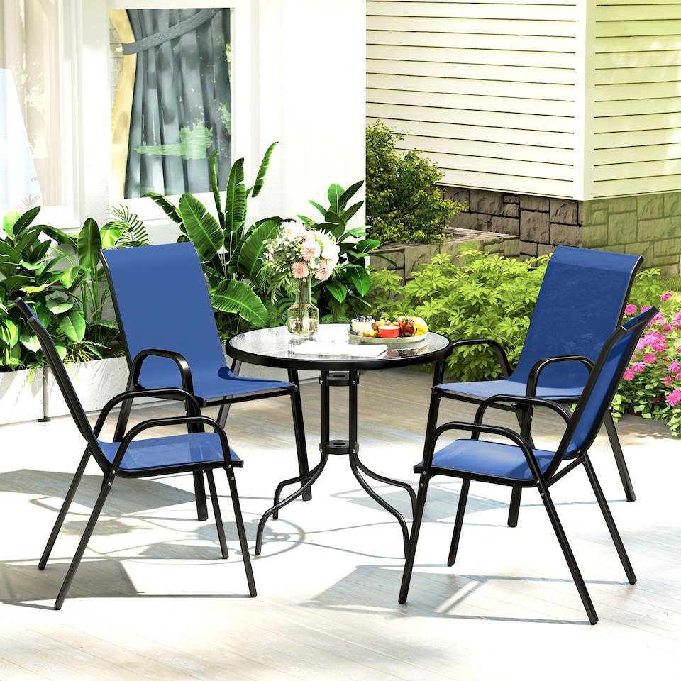 image 1 of Outsunny 5 PCs Garden Furniture Set, Round Table and Stackable Chairs, Blue | Blue | Dark Blue | Table: 80x71 cm; Chair: 54x71x93 cm