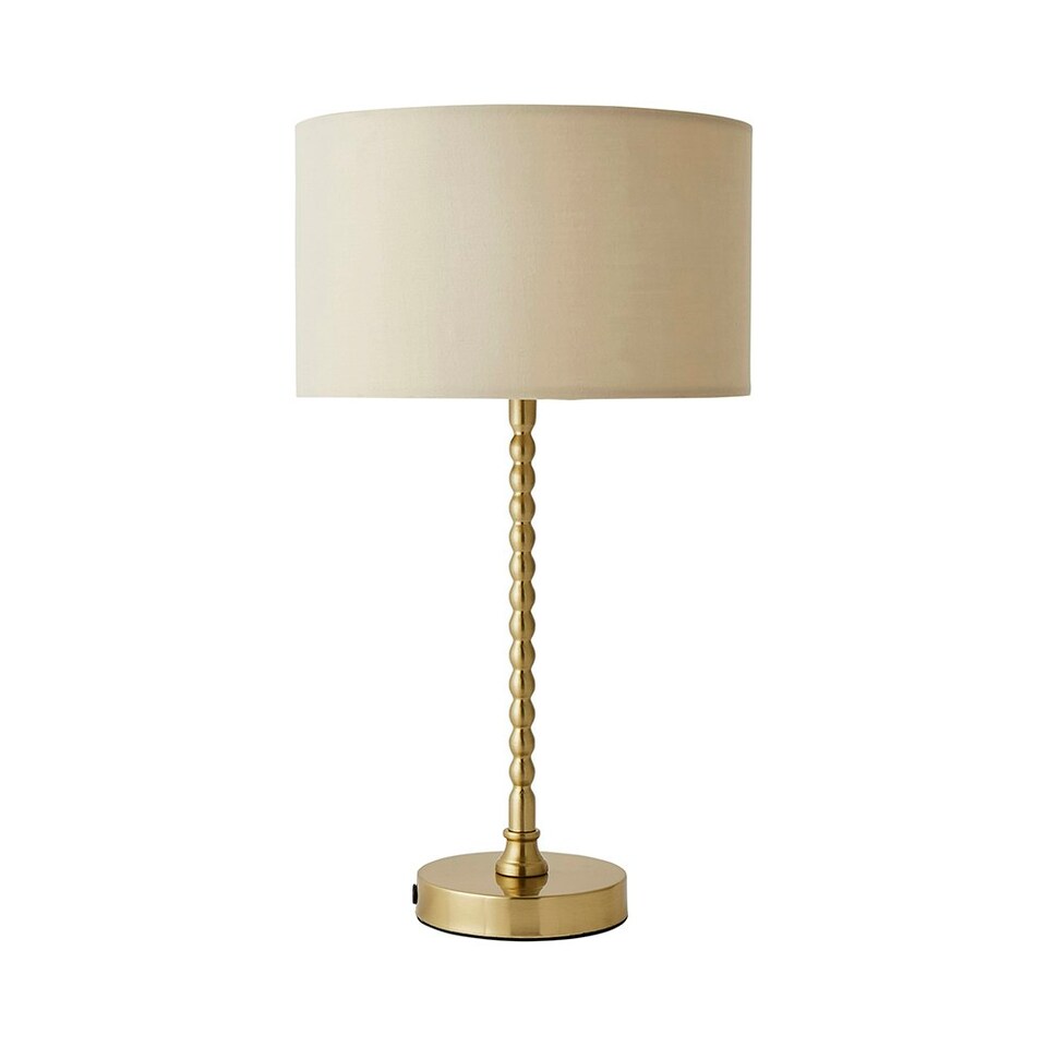 image 1 of ValueLights Maeve Natural Drum Lamp Shade Brushed Gold Bobbin Bobble Table Lamp and LED Bulb Gold
