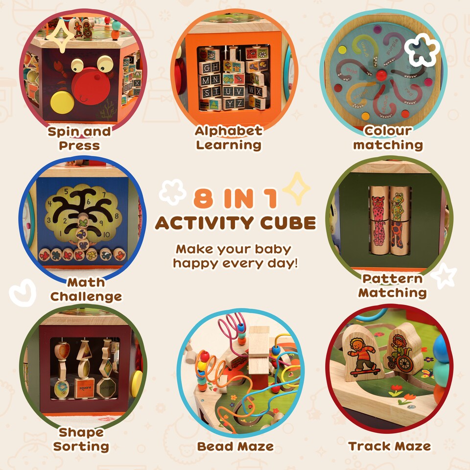 image 1 of AIYAPLAY Wooden Activity Cube, 8 in 1 Baby Activity Cube Toys