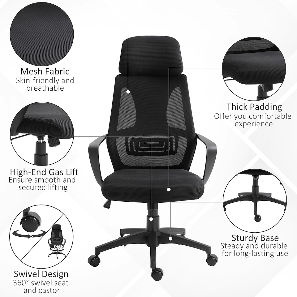 image 1 of Vinsetto Mesh Back Office Chair w/ Adjustable Height Padded Headrest Black