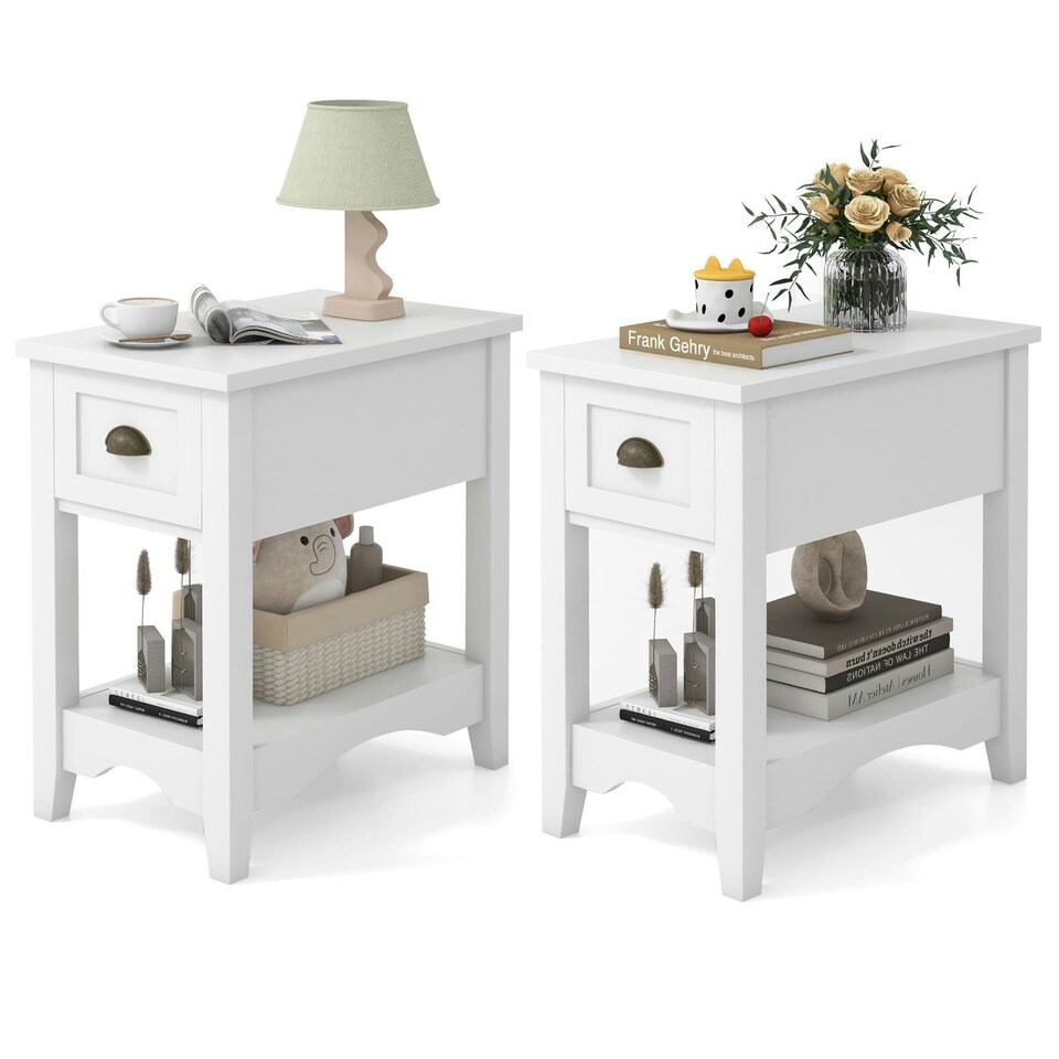 image 1 of COSTWAY 2 PCS Nightstand Side End Table White White