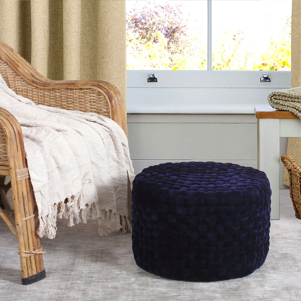 image 1 of Round Velvet Pouffe Soft Woven Designer Ottoman Stool Silver