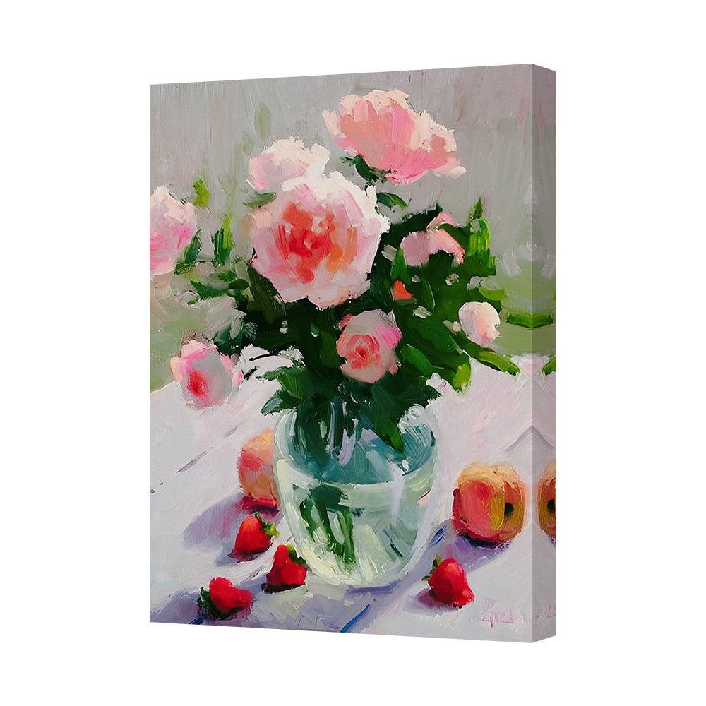 Painted Red Roses Pink Rose Bouquet In Glass Vase Canvas Wall Art Painting - Tesco Groceries
