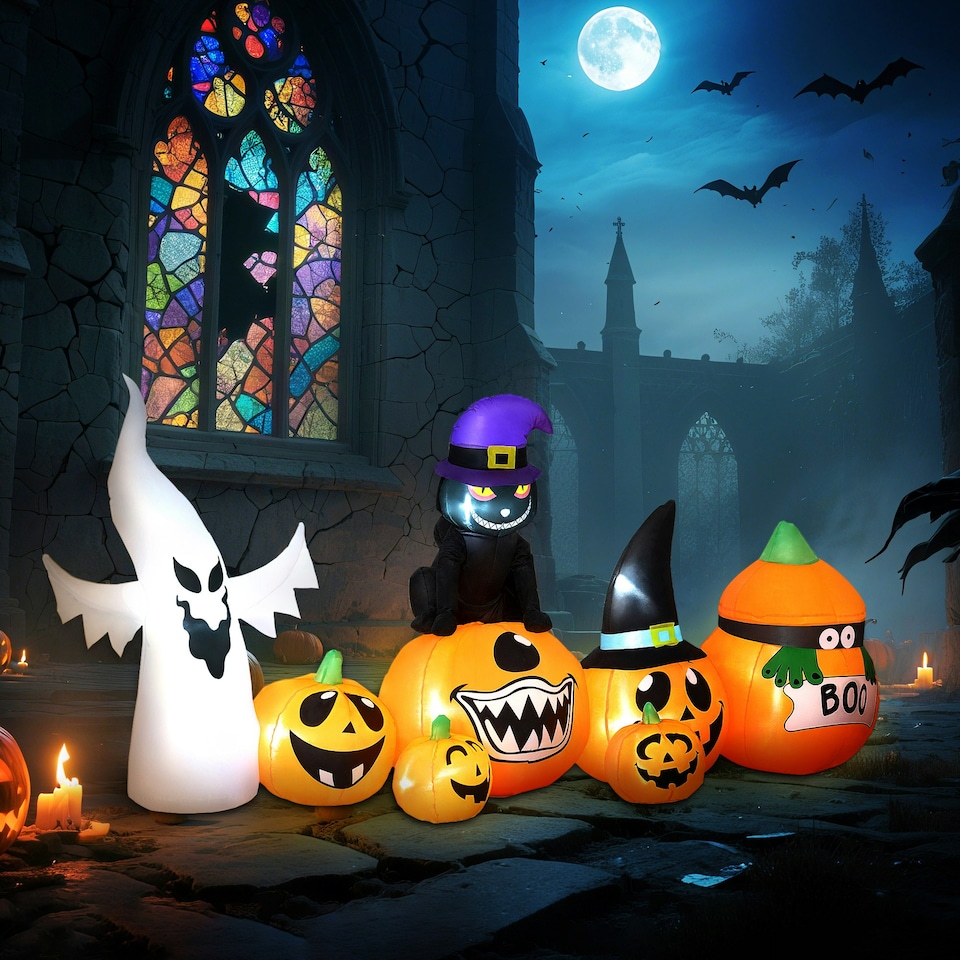 image 1 of Outsunny 8 FT Blow Up Halloween Inflatables Pumpkin Ghost and Cat Combo