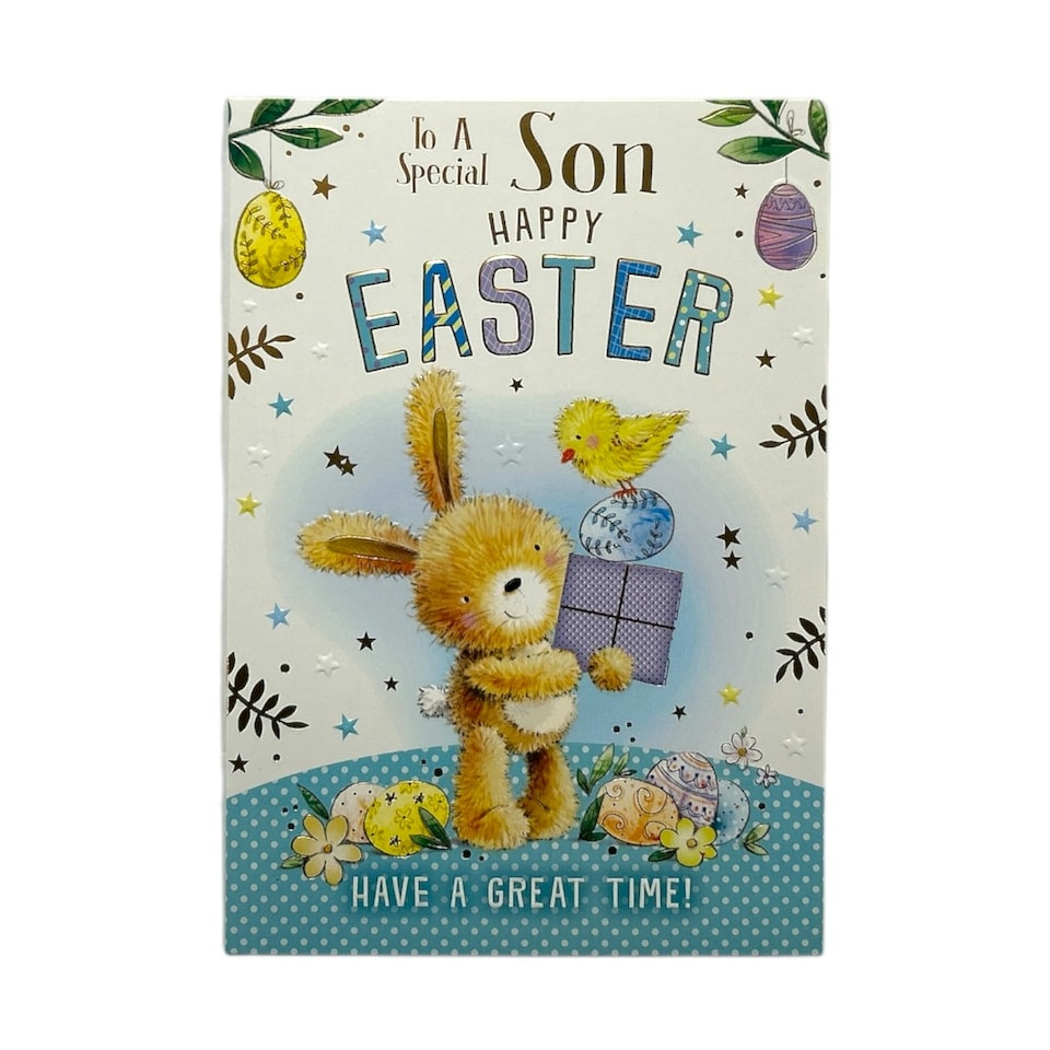 image 1 of To A Special Son Rabbit With Gift And Eggs Design Easter Card