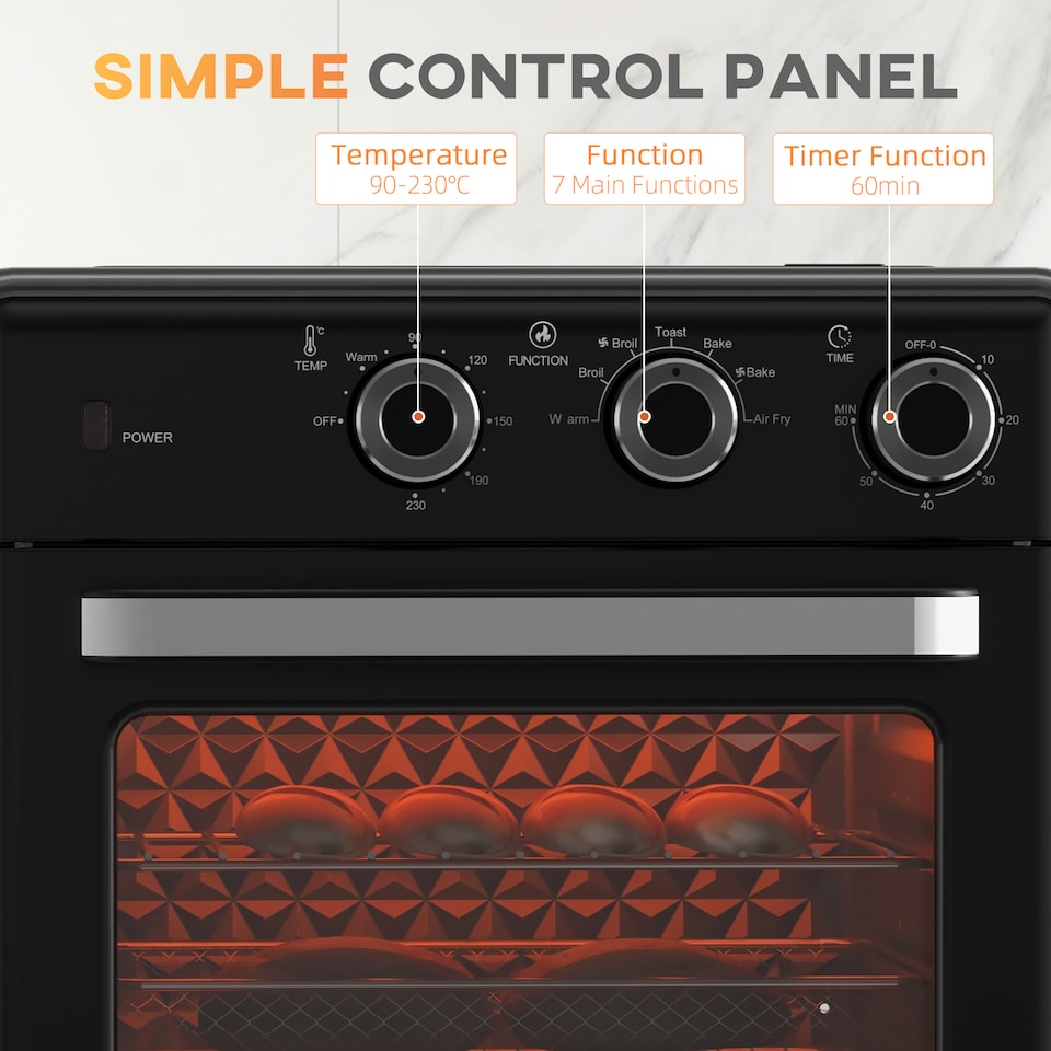 image 1 of HOMCOM Mini Oven, 20L Air Fryer Oven with Timer, Countertop Convection Oven with Double Layered Glass Door and Adjustable Temp, Oil-Less Cooking, Dishwasher safe Accessory, 1400W