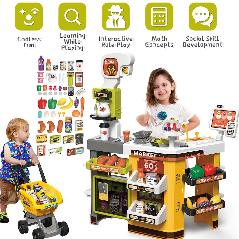 image 1 of 65PCS Supermarket Cart Toys Play Set with Cash Register Scanner Play Food Light Music and Smoke Effects