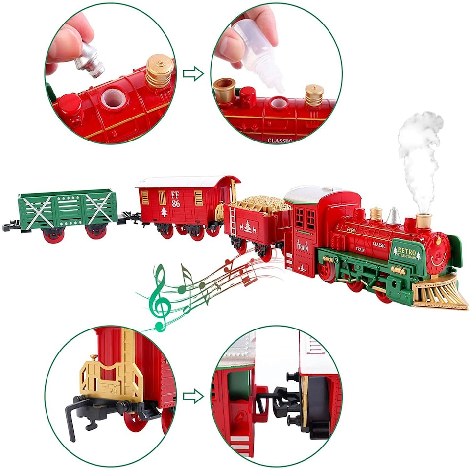 image 1 of Christmas Theme Classic Train Set for Kids with Light Realistic Sounds, Steam Effect, 3 Cars carriage and Tracks For Christmas