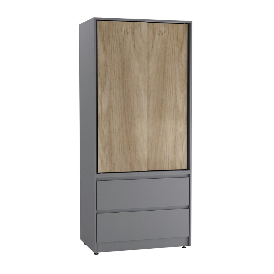 image 1 of URBNLIVING 2 Sliding Door Wardrobe With 2 Drawers And Hanging Rail | Grey | Oak Doors | 1