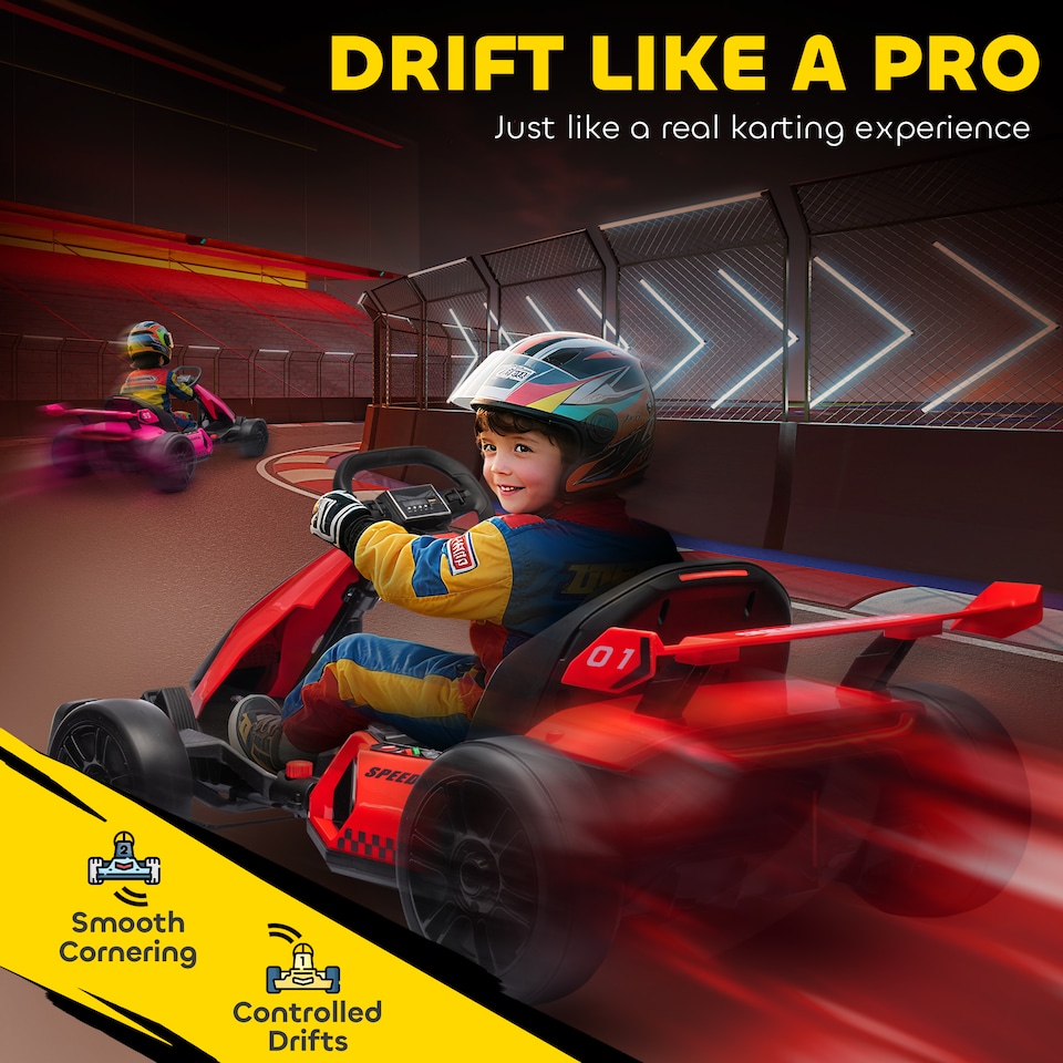 image 1 of HOMCOM 24V Electric Go Kart for Kids, Ride On Racing Kart with Adjustable Seat, Battery Powered Drifting Ride On Car with Music, Light, Slow Start, Button Start, Horn, for 6-12 Years, Red