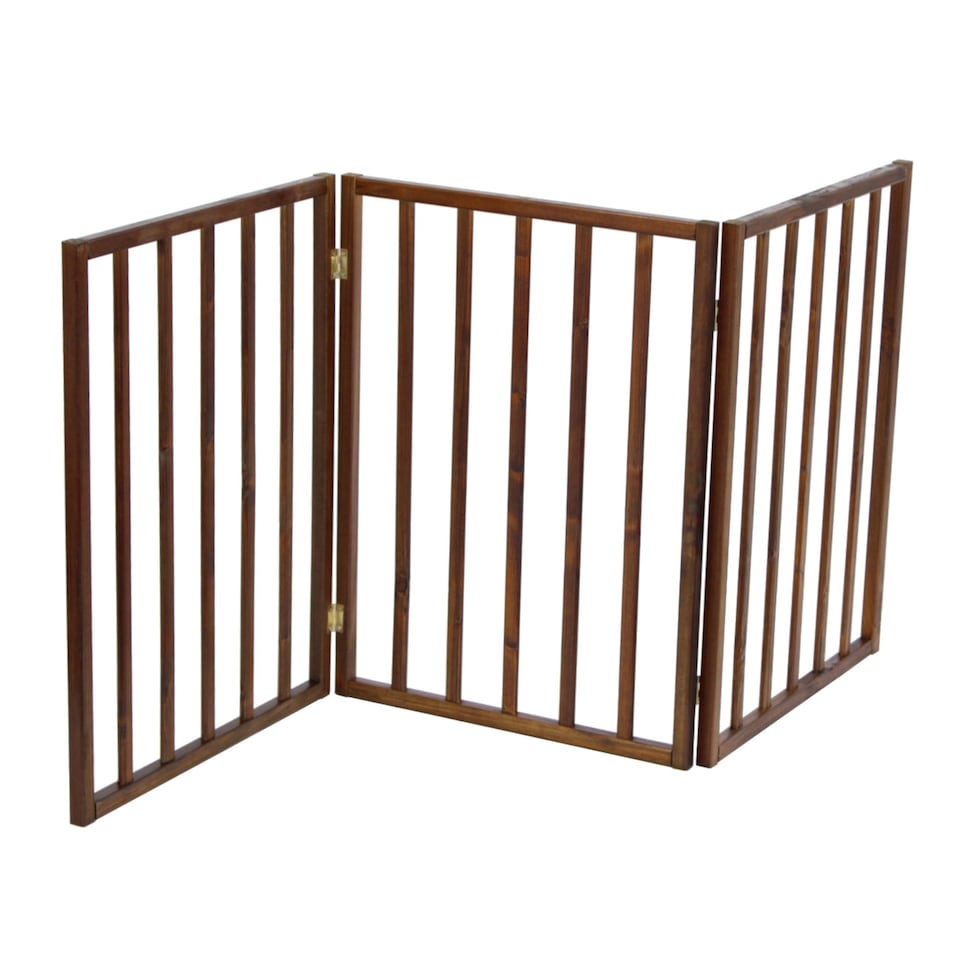 image 1 of Dark Brown Dog Safety Folding Wooden Pet Gate Portable Indoor Barrier