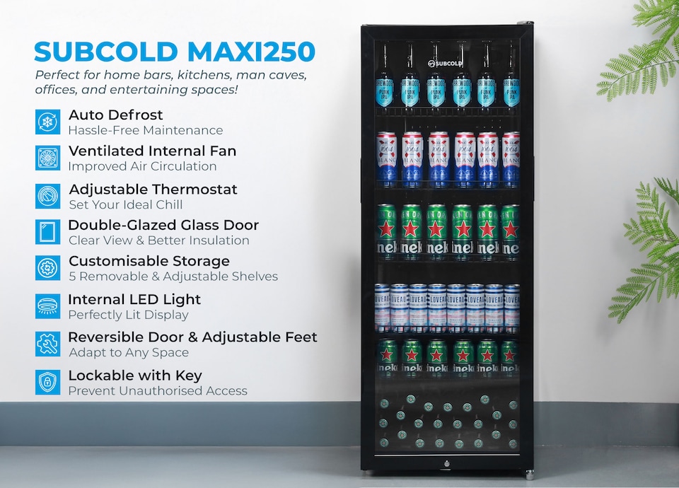 image 1 of Subcold Maxi250 LED Tall Glass Door Drinks Fridge 237 Litre Net Capacity