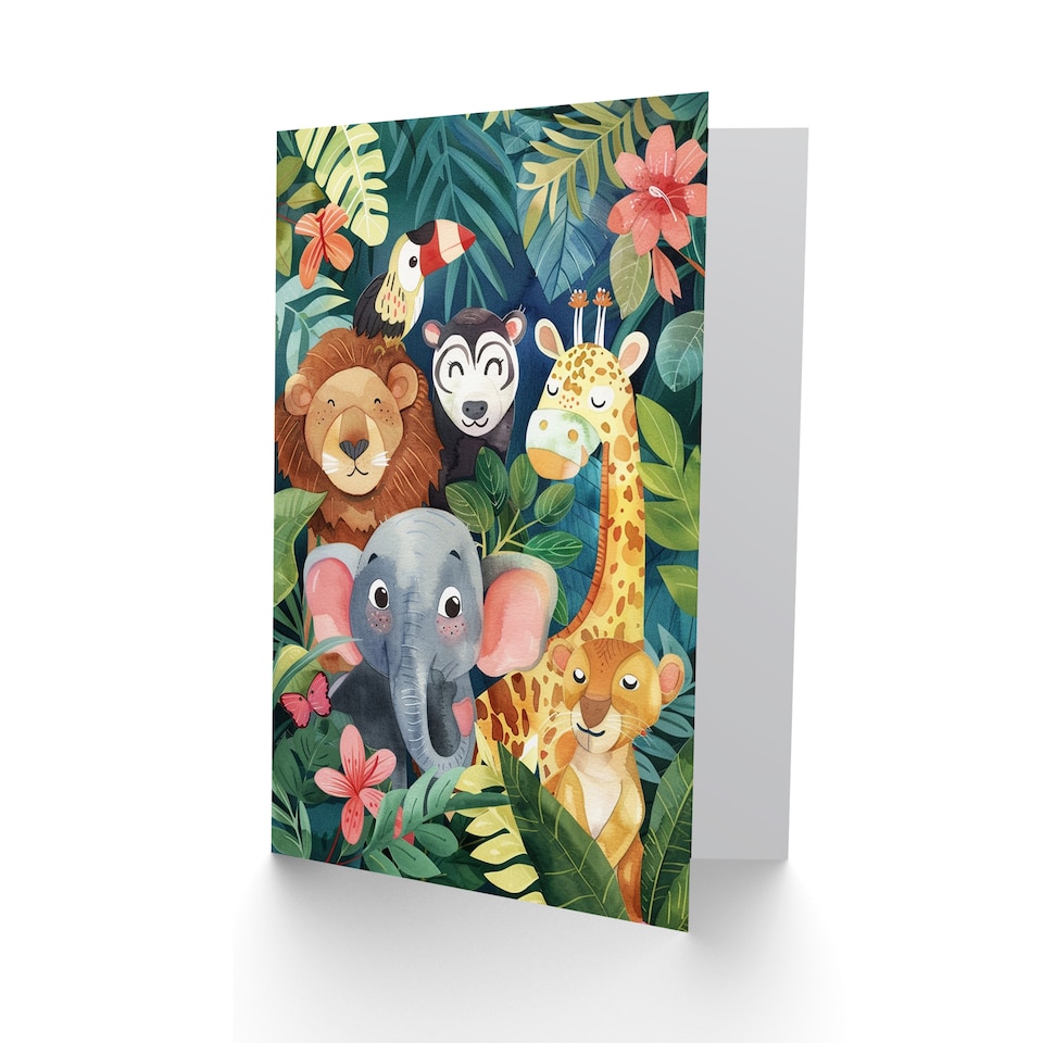 image 1 of Cute Happy Jungle Animals Watercolour Painting Birthday Card